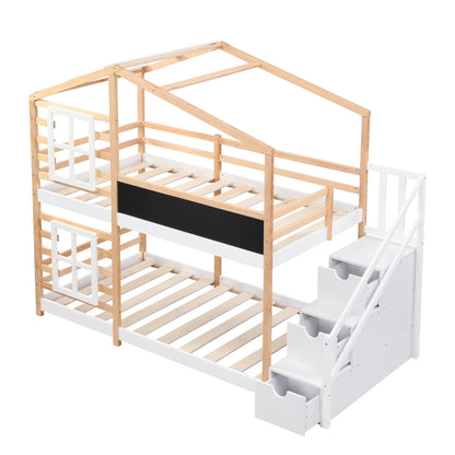Twin over Twin Bunk Bed House Bed With Roof Windows Blackboard And Storage Ladder Platform Bed,bed Frame image 6