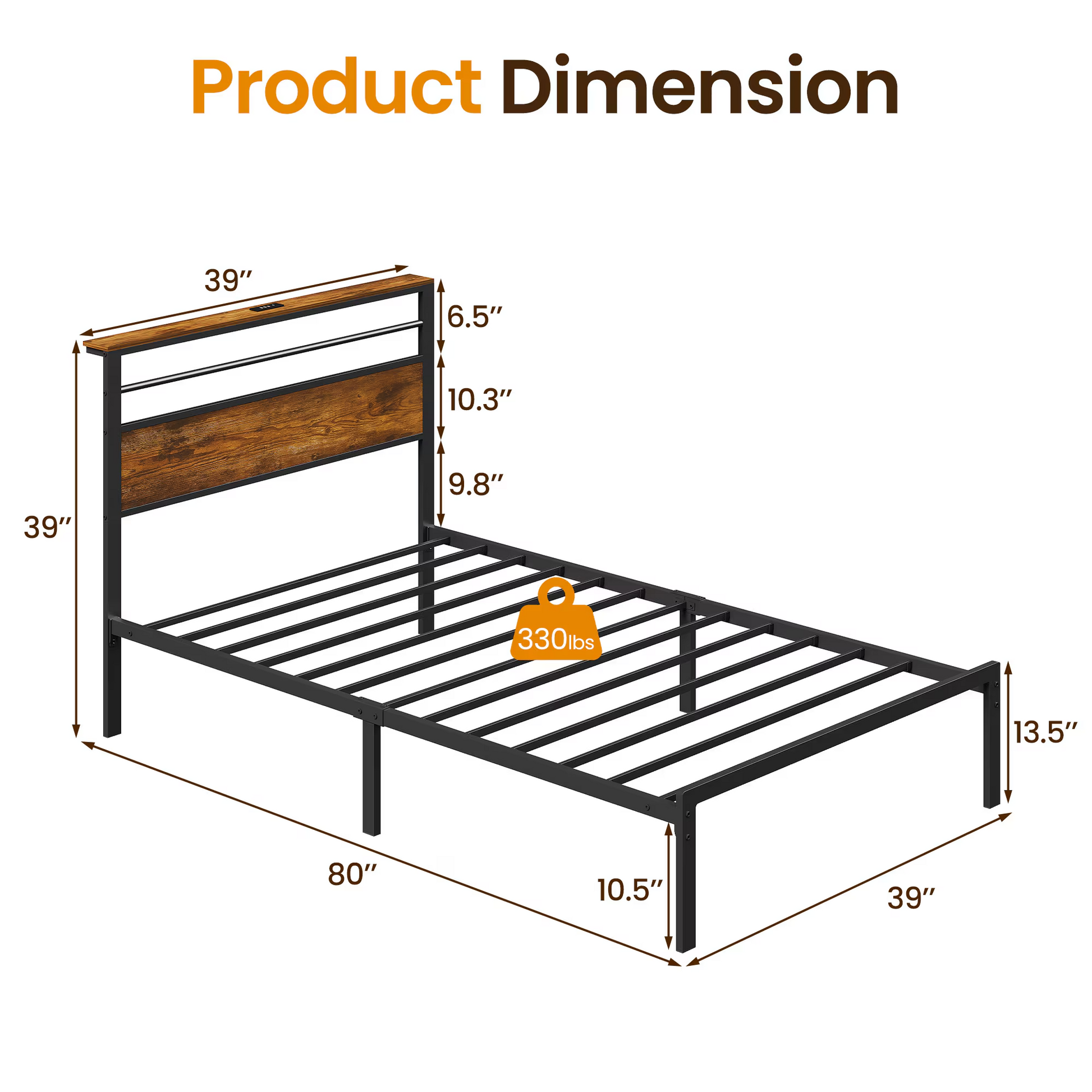 Twin Size Bed Frame with Headboard and Storage Shelf, Metal Bed, Upholstered Wooden Beds with Charging Station, Sturdy Frames for Bedroom Furniture, No Box Spring Needed, Black image 2