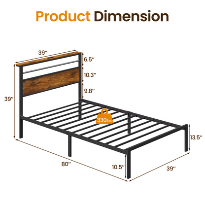 Twin Size Bed Frame with Headboard and Storage Shelf, Metal Bed, Upholstered Wooden Beds with Charging Station, Sturdy Frames for Bedroom Furniture, No Box Spring Needed, Black image 2