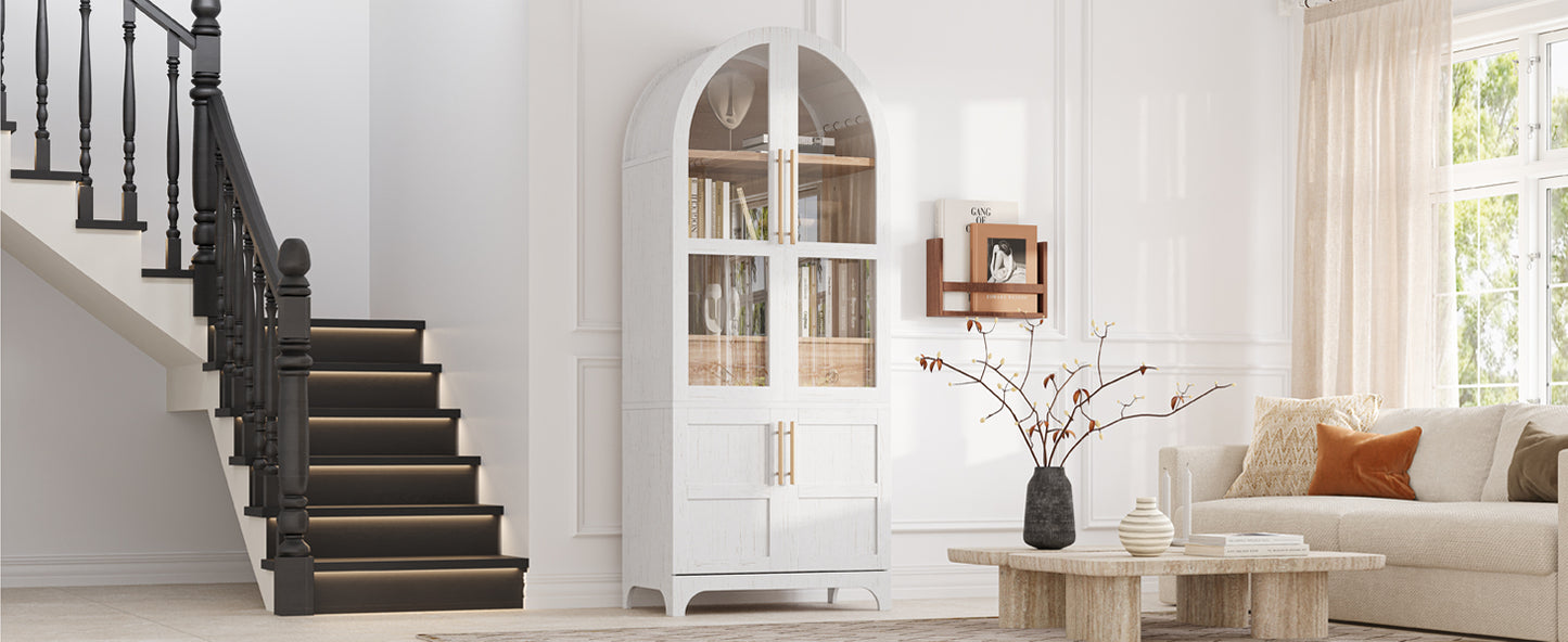 K&K 71" Tall Arched Kitchen Pantry Cabinet with Door Shelves, Farmhouse Kitchen Storage Cabinet with Open & Adjustable Shelves, Hidden Drawer & Glass Door, Cupboard for Kitchen, Dining Room, White image 4
