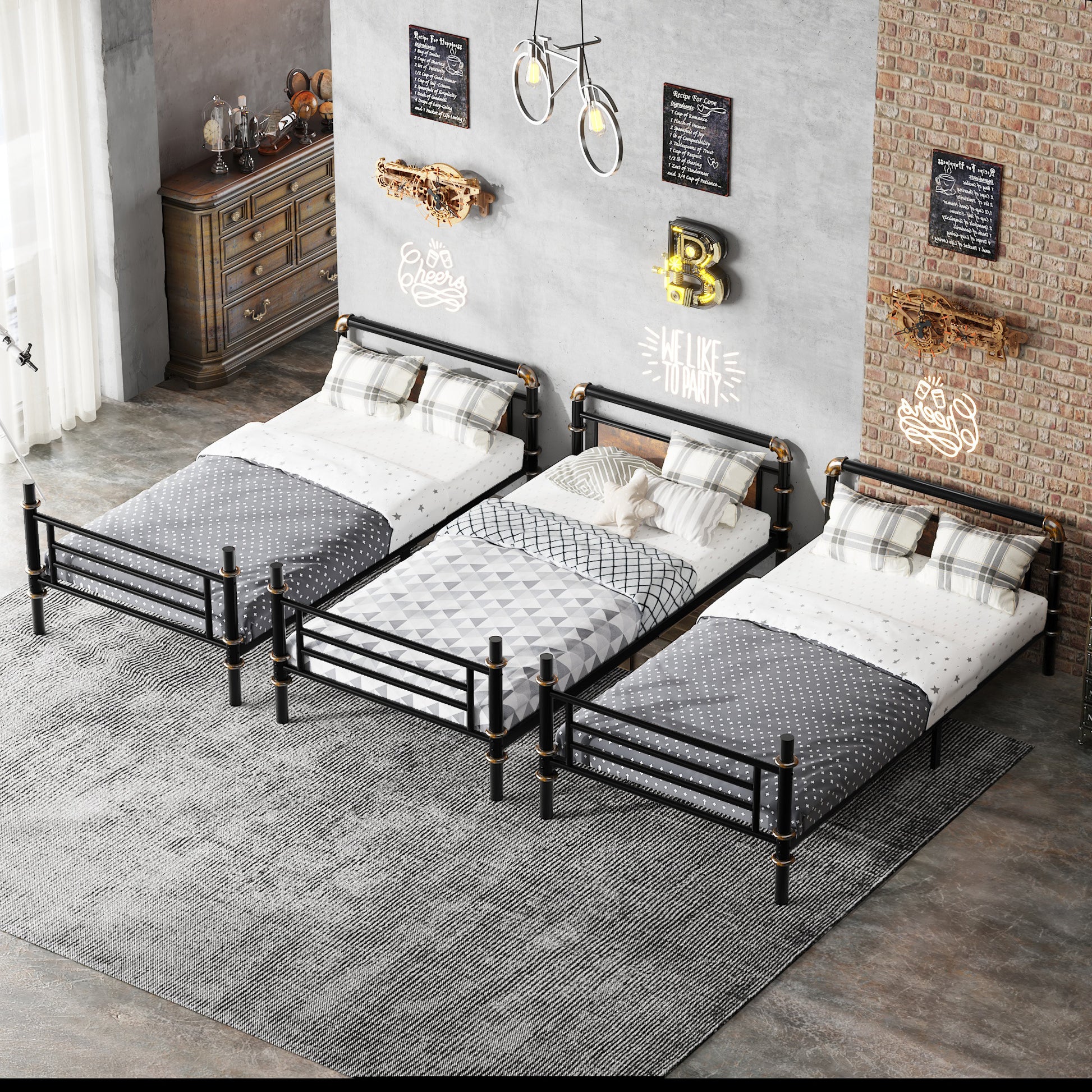 Quad Bunk Bed for 4 Kids, Heavy Duty Metal Twin Bunk Bed Frame, Detachable Triple Bunk Bed, Can Be Divided Into 3 Twin Beds, Black(Old SKU W2580S00020) image 4