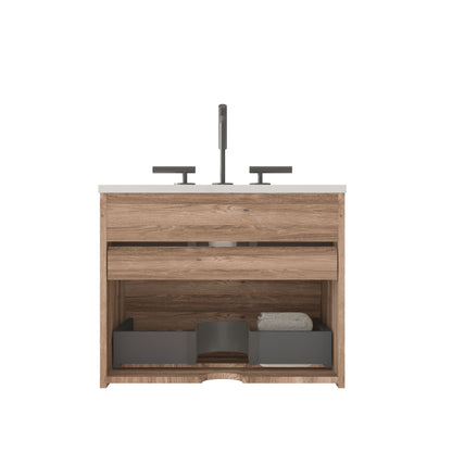 Gloria 24" Wall Mounted Rough Oak&Rough Oak Bathroom Vanity with Integrated Ceramic Sink with 3 holes, Overflow, Large Storage Floating Bathroom Vanity for Modern Bathroom, KD image 9