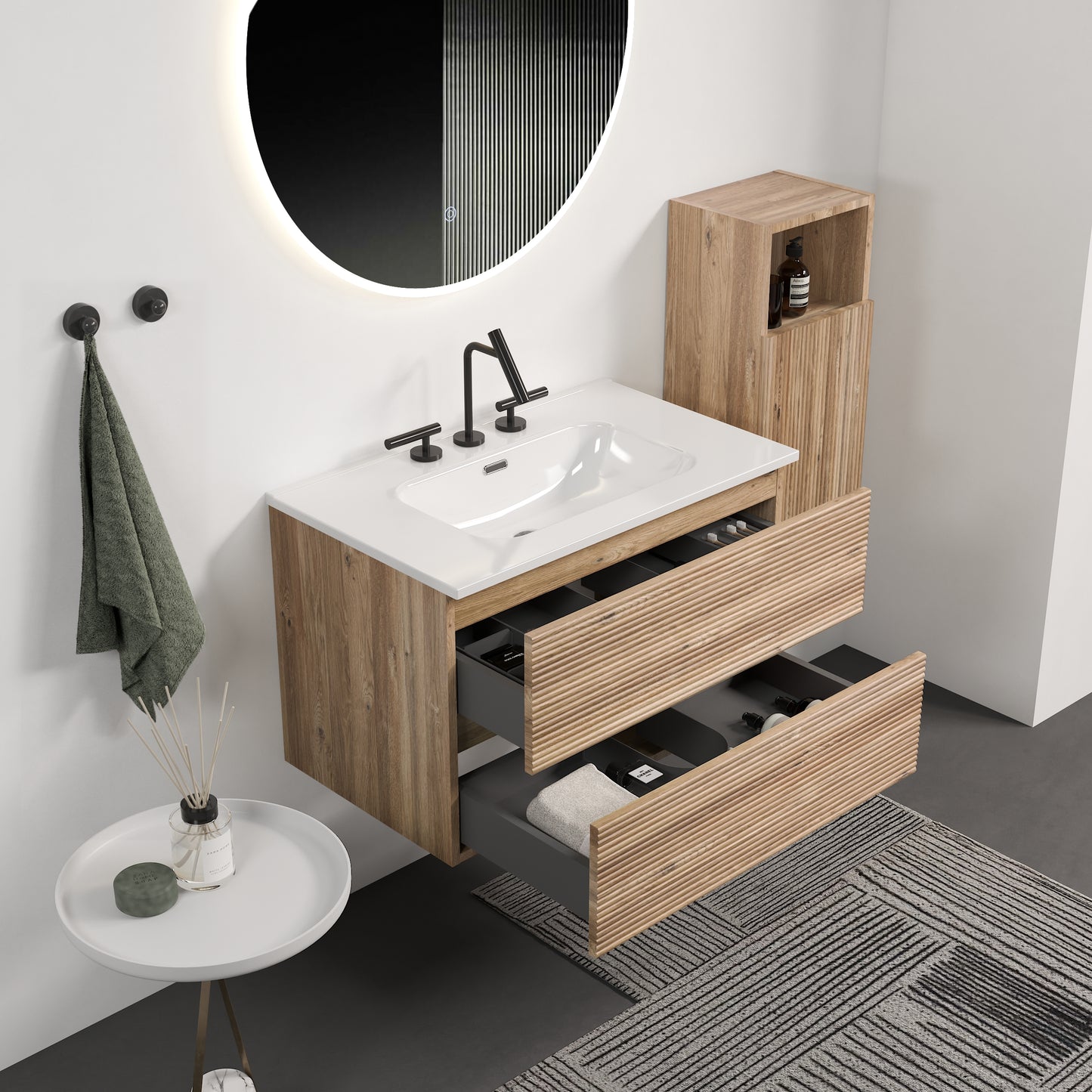Gloria 30" Wall Mounted Rough Oak&Rough Oak Bathroom Vanity with Integrated Ceramic Sink with Overflow, with 3 holes, Large Storage Floating Bathroom Vanity for Modern Bathroom, KD image 2