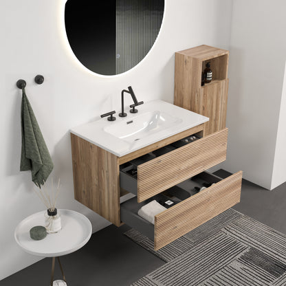 Gloria 30" Wall Mounted Rough Oak&Rough Oak Bathroom Vanity with Integrated Ceramic Sink with Overflow, with 3 holes, Large Storage Floating Bathroom Vanity for Modern Bathroom, KD image 2
