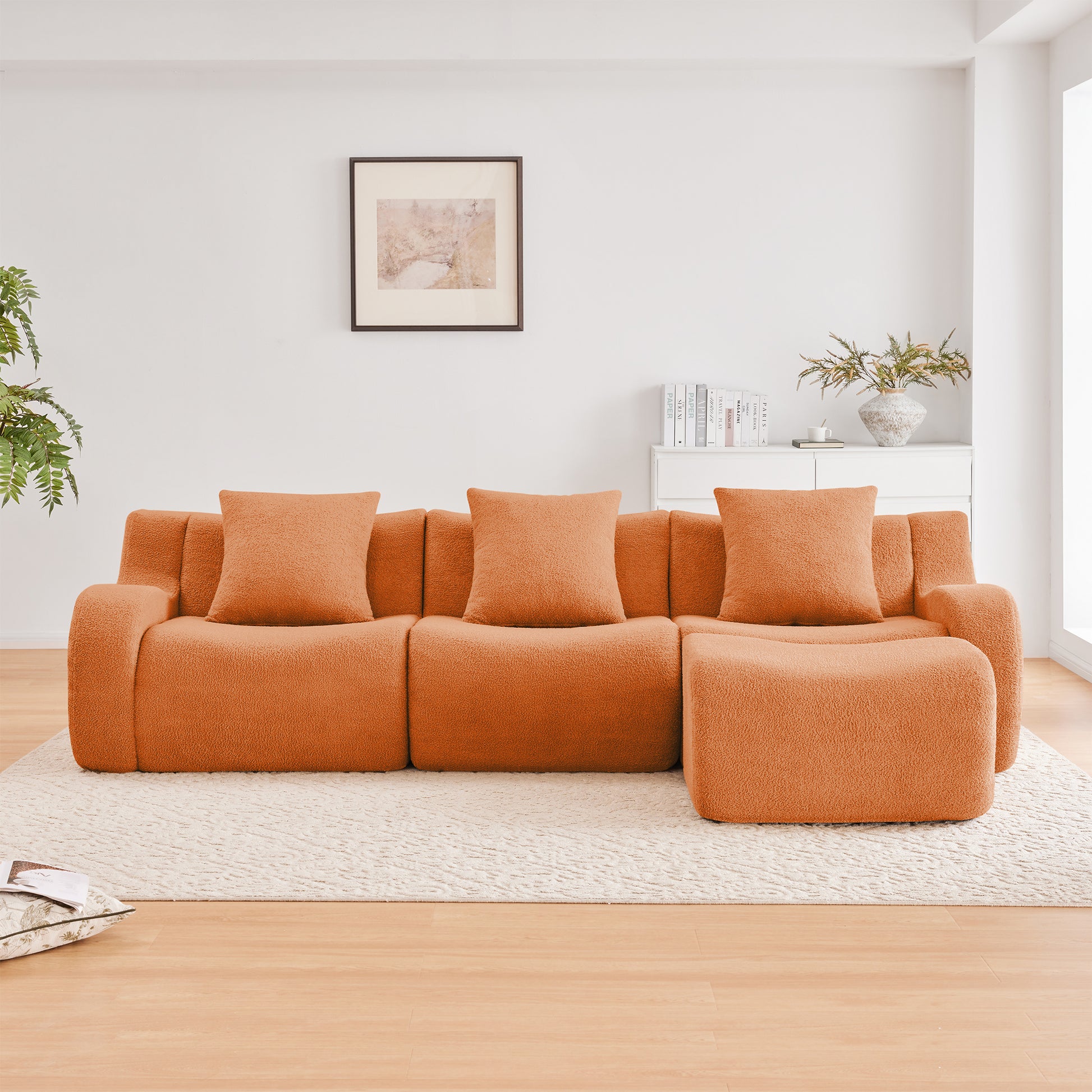 Boneless Sofa,3 Seat High-Quality Teddy Fabric,Anti-Slip Design,No Assembly Curved Armrests Streamlined Design,Assembly Chaise 32D High Density Sponge For Living Rooms Bedrooms,Orange image 3