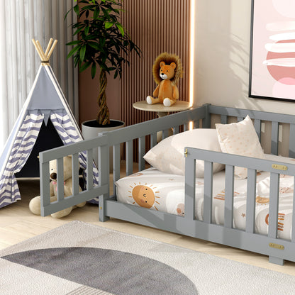 Twin Size Floor Bed with Fence and Door,Rubber Wood Floor Bed with Safety Guardrails,Grey (Old Sku W504P286372) image 11