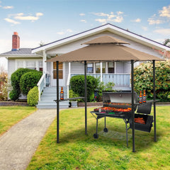 Outdoor Grill Gazebo 8 x 5 Ft, Shelter Tent, Double Tier Soft Top Canopy and Steel Frame with hook and Bar Counters,Khaki