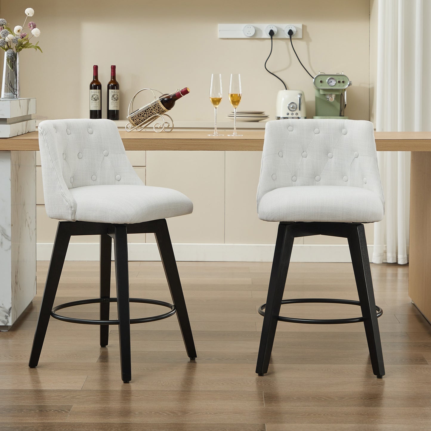 007-360° Swivel Bar Stools Set of 2-Modern 25" Counter Height Stools with Stain-Resistant Line&Button Tufted Back, Solid Wood Frame Barstools for Kitchen Island, Cafe or Home Bar, Easy Assembly White image 7