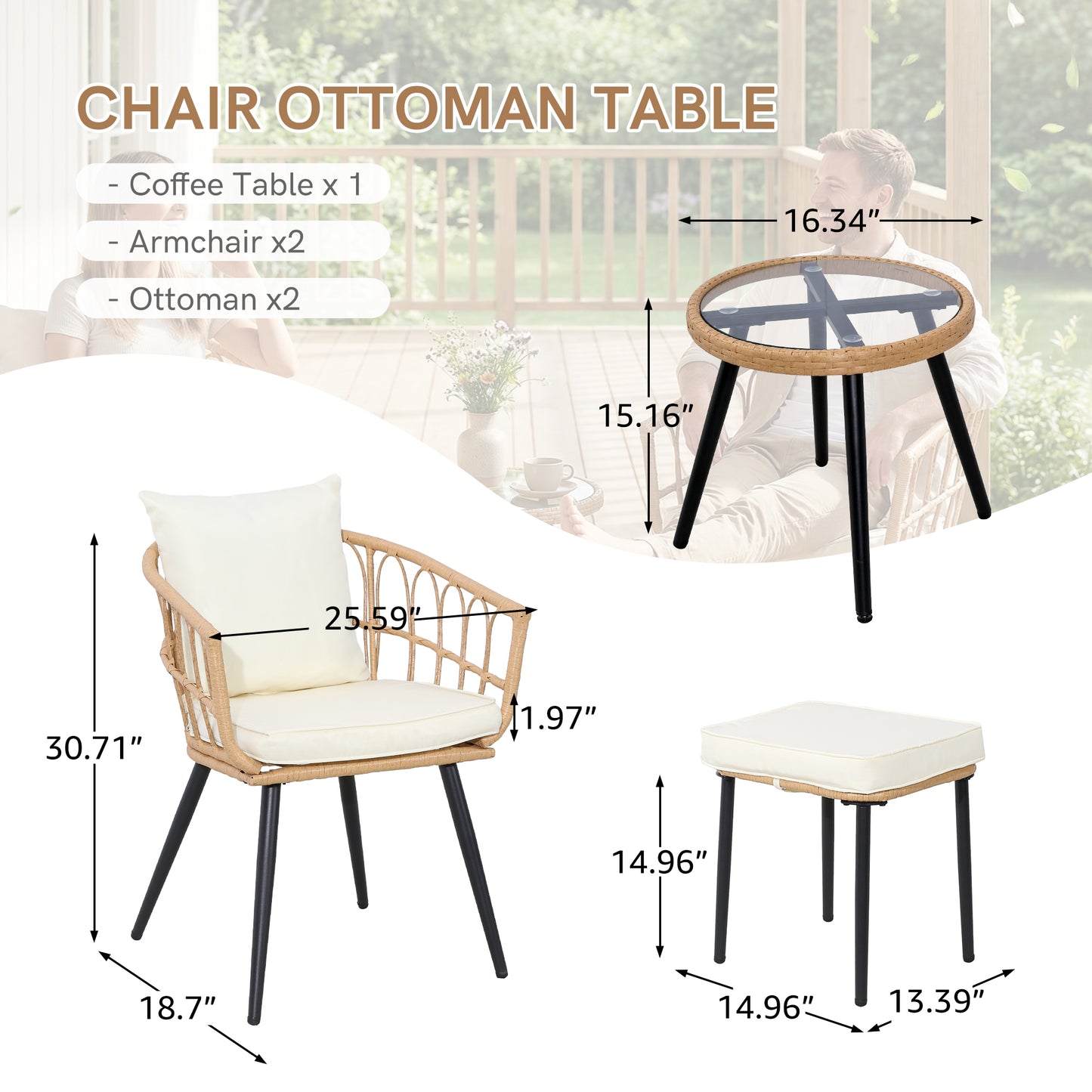 5 Piece Patio Furniture Set, Outdoor Wicker Small Conversation Bistro Set, All-Weather PE Rattan Chairs with Ottoman & Coffee Table, Ideal for Balcony Porch Deck Yard Poolside image 4
