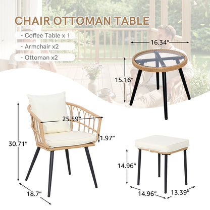 5 Piece Patio Furniture Set, Outdoor Wicker Small Conversation Bistro Set, All-Weather PE Rattan Chairs with Ottoman & Coffee Table, Ideal for Balcony Porch Deck Yard Poolside image 4