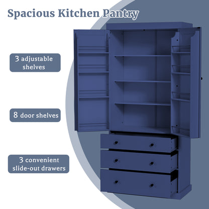 [Assembly Video Provided]TOPMAX 77inch Farmhouse Kitchen Pantry, Freestanding Tall Cupboard Storage Cabinet with 3 Adjustable Shelves, 8 Door Shelves, 3 Drawers for Kitchen, Dining Room, Blue image 4