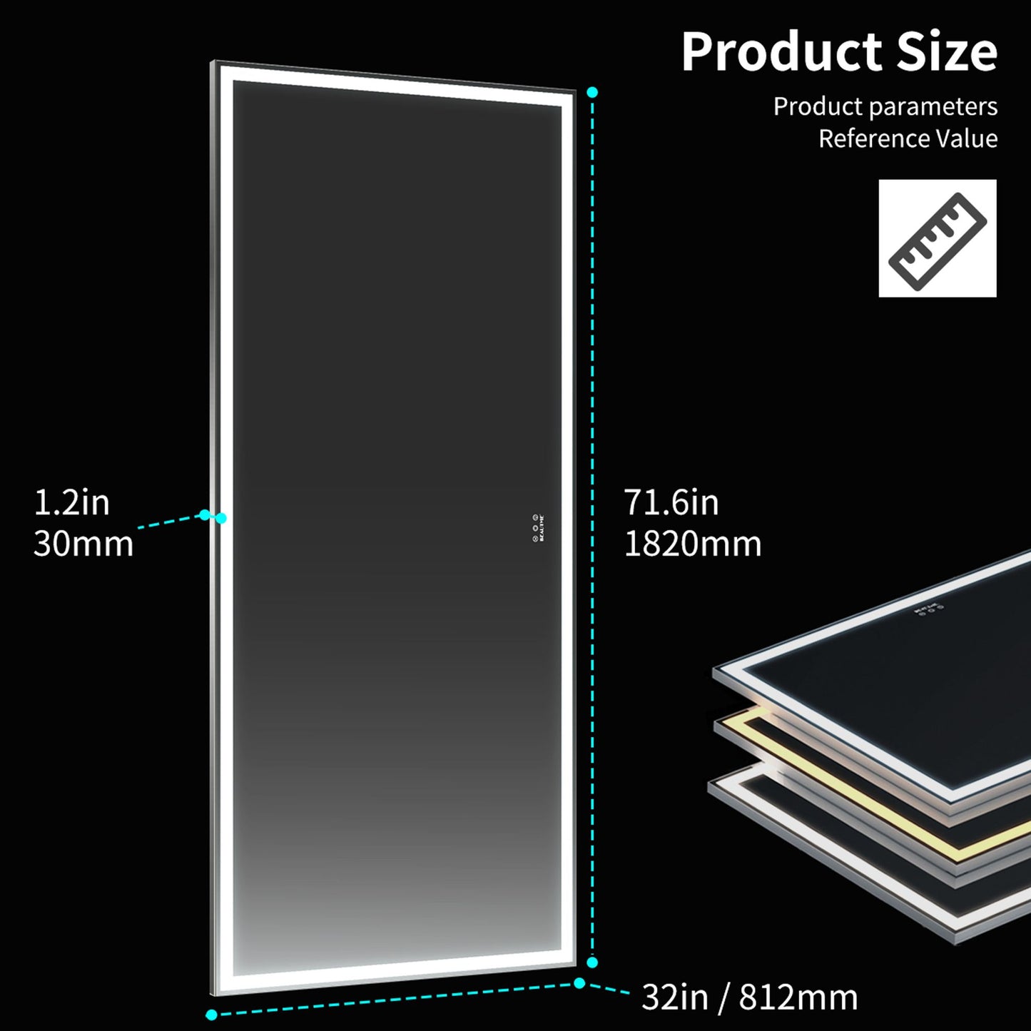 Large LED mirror with 3 color modes for home gym