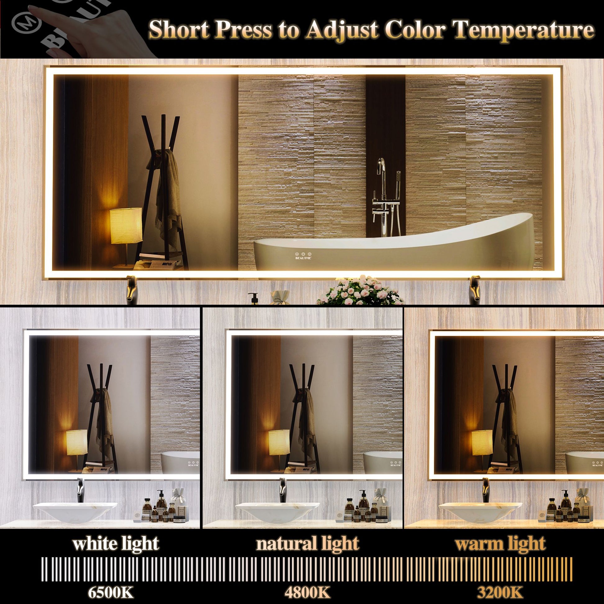 Oversized LED mirror silver aluminum frame 72x32 inch
