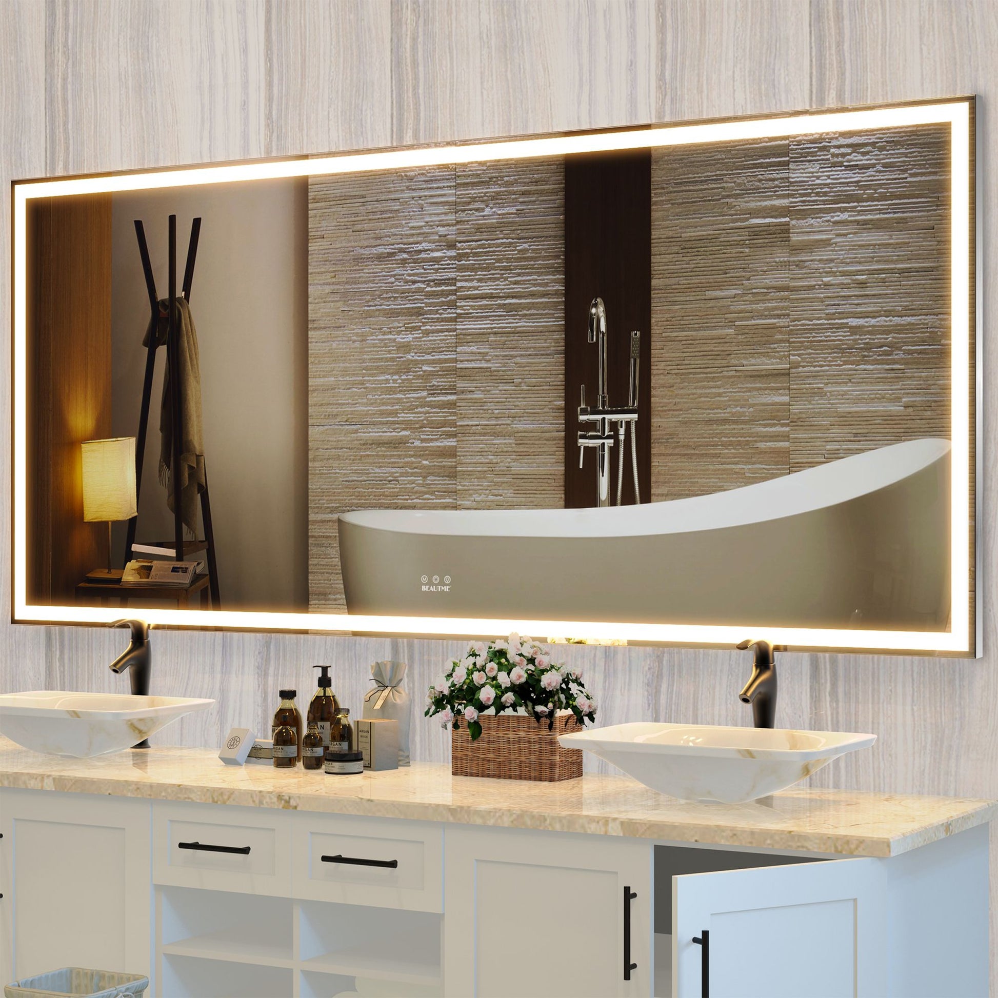 72x32 inch oversized LED bathroom mirror with 3 color modes aluminum frame front view