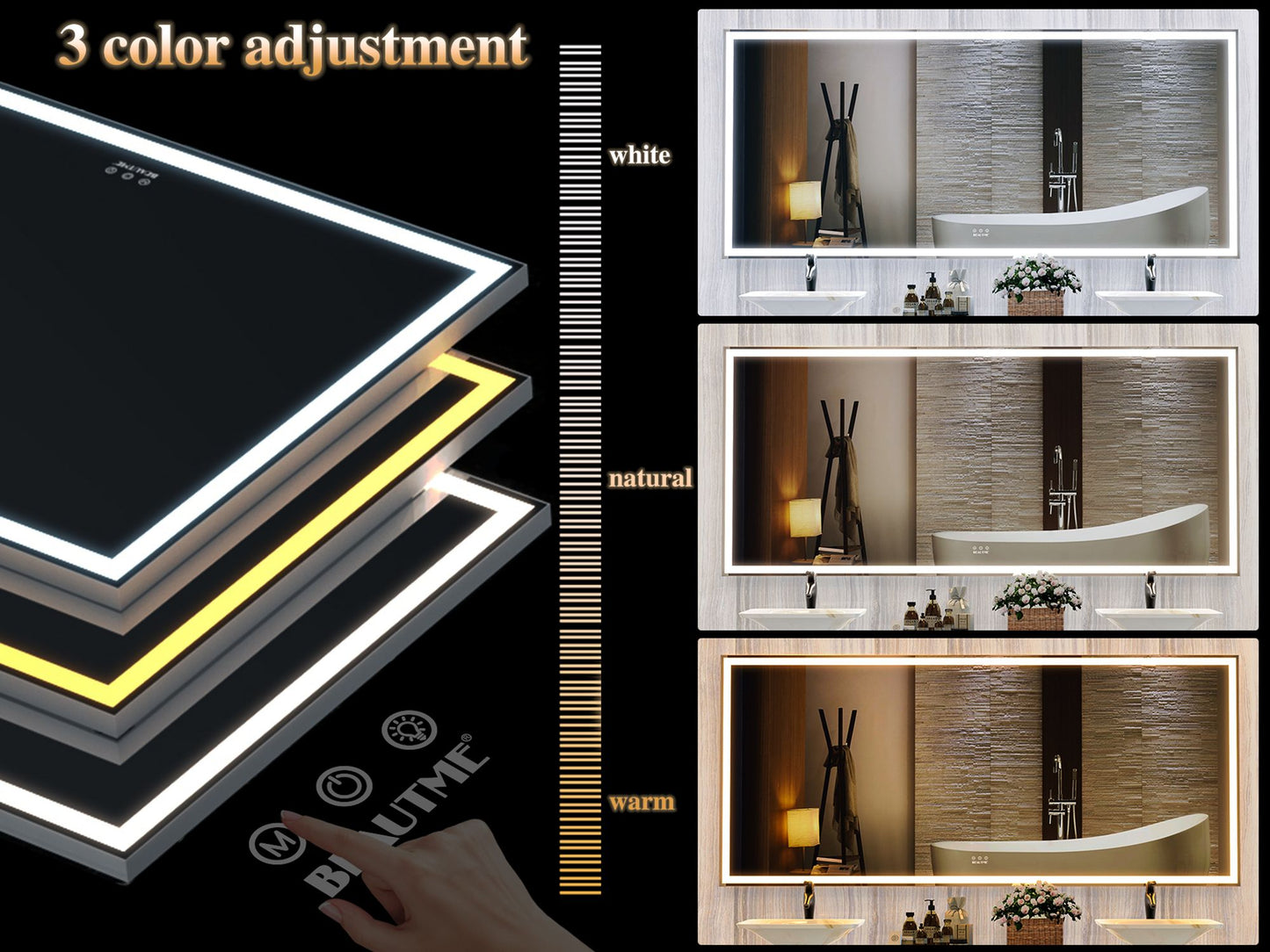 Dimmable LED bathroom mirror 72x32 inch smart control