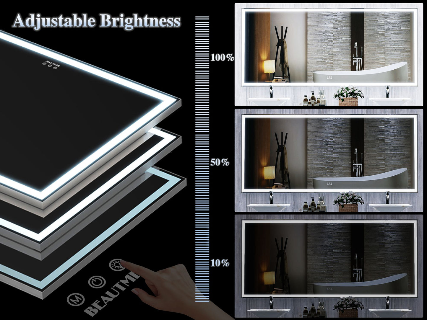Large wall mounted mirror with LED lighting IP44 waterproof