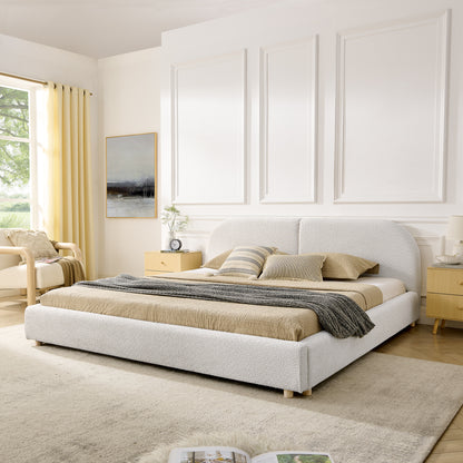King Size Upholstered Bed Frame, Modern Minimalist Style with Tall Curved Headboard, Premium Circle Yarn Fabric & Sturdy Leg Support, Mattress Not Included-Beige image 1