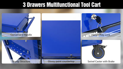 3 DRAWERS MULTIFUNCTIONAL TOOL CART WITH WHEELS AND STEEL TOP-Blue&Black image 10