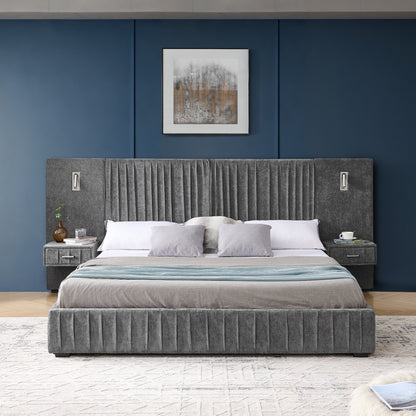 King Size Upholstered Bed Frame with Chenille fabric with pleated design,Grounded King Size Platform Bed with Headboard and Solid Frame and the bedside table.No Box Spring Needed-DARK GREY image 6