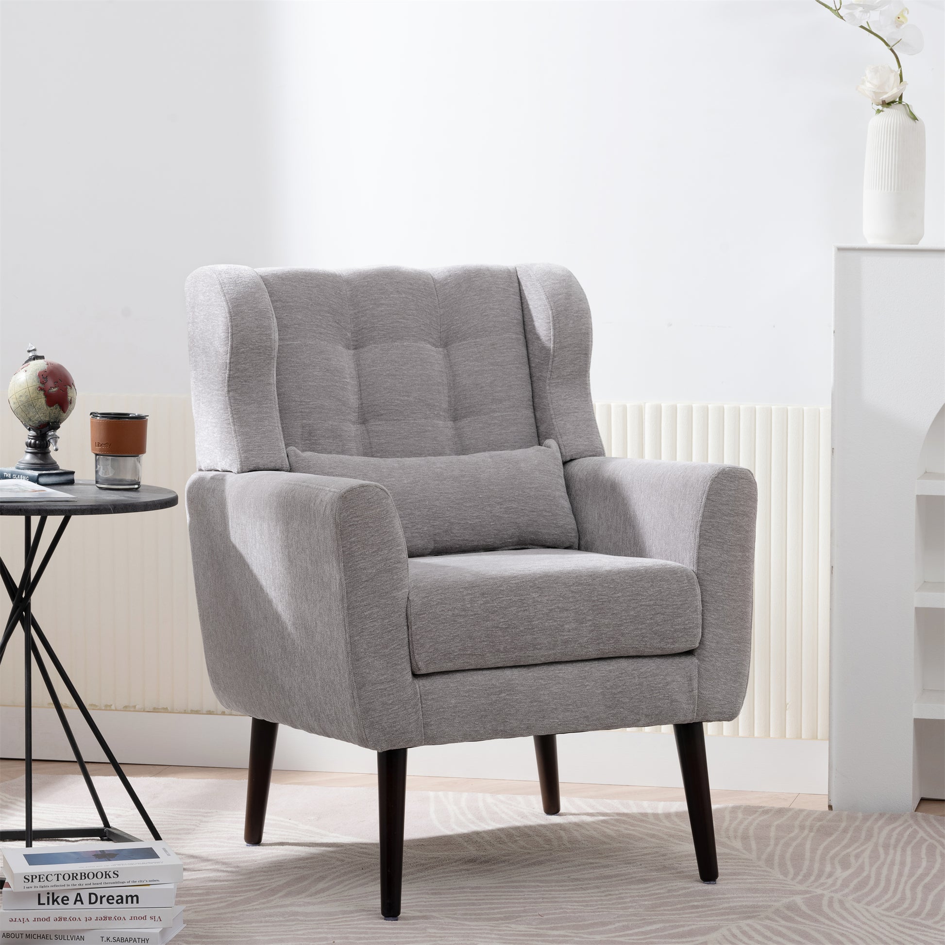 Modern Accent Chair,Chenille Arm Chairs for Living Room,Upholstered Mordern Armchair,Comfy Soft Padded Lounge Chair in Small Space, Bedroom, w/Pillow, Solid Wood Leg (Gray) image 1