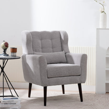Modern Accent Chair,Chenille Arm Chairs for Living Room,Upholstered Mordern Armchair,Comfy Soft Padded Lounge Chair in Small Space, Bedroom, w/Pillow, Solid Wood Leg (Gray) image 1