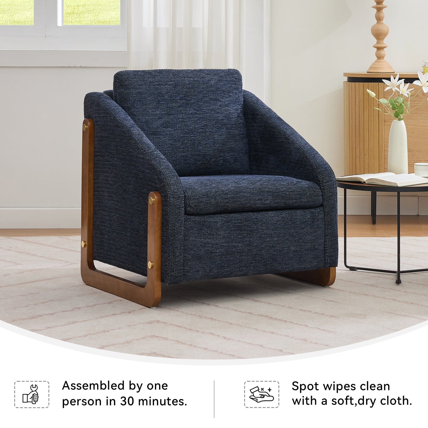 057-Set of 1 Chenille Fabric Modern Upholstered Armchair with Wooden Side Frame, Accent Leisure Chair with Cushioned Seat and Backrest for Living Room, Bedroom,Blue image 6