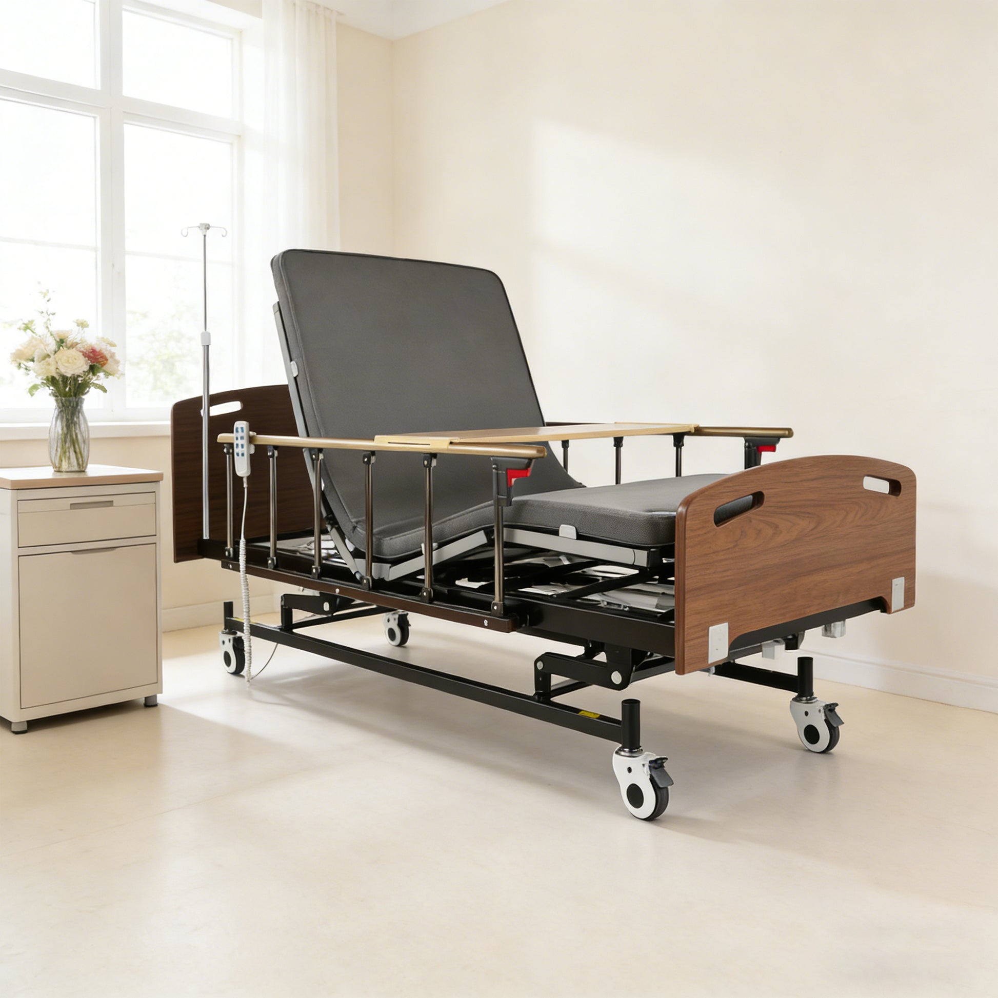 Full Electric advanced 3-function bed for home care & hospital ICU comes with a high-density air fiber mattress, remote control, IV pole and lockable silent casters- 83" x 42.5"-FDA image 1