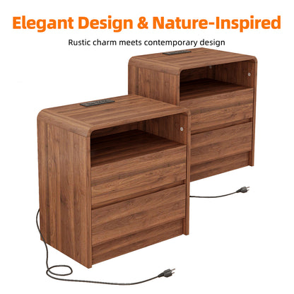 25" Tall Modern Nightstand with Charging Station, 23.6'' Wide Wood Bedside Table w/2 Storage Drawers, Large Mid Century End Table for Bedroom, Living Room, Curved Profile Design (WALNUT) image 4