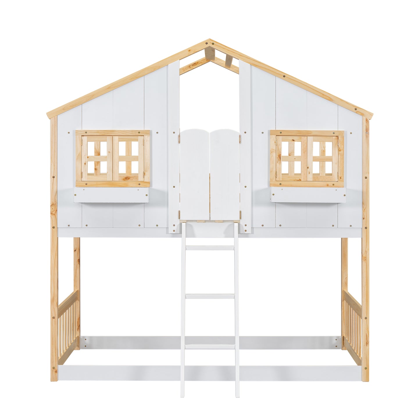 Twin over Twin House Bunk Bed with Roof, Window, Window Box, Door, with Safety Guardrails and Ladder, Natural/White image 10