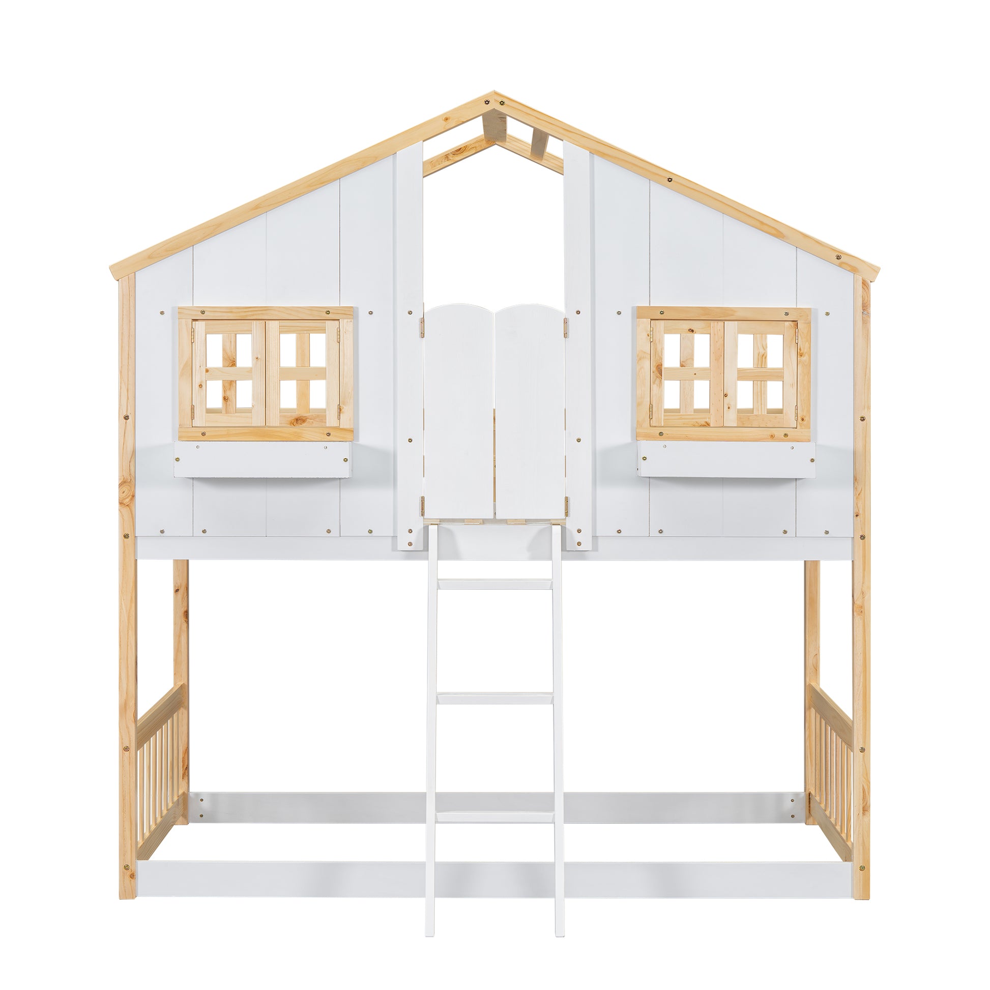 Twin over Twin House Bunk Bed with Roof, Window, Window Box, Door, with Safety Guardrails and Ladder, Natural/White image 10