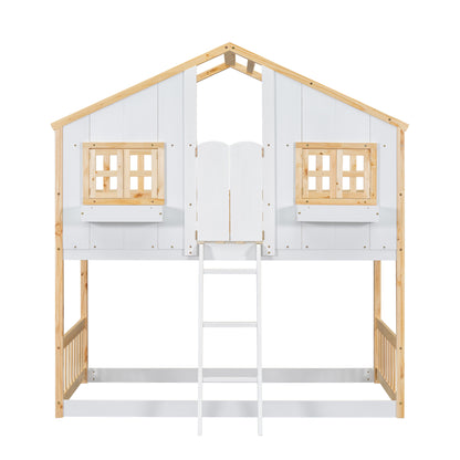 Twin over Twin House Bunk Bed with Roof, Window, Window Box, Door, with Safety Guardrails and Ladder, Natural/White image 10