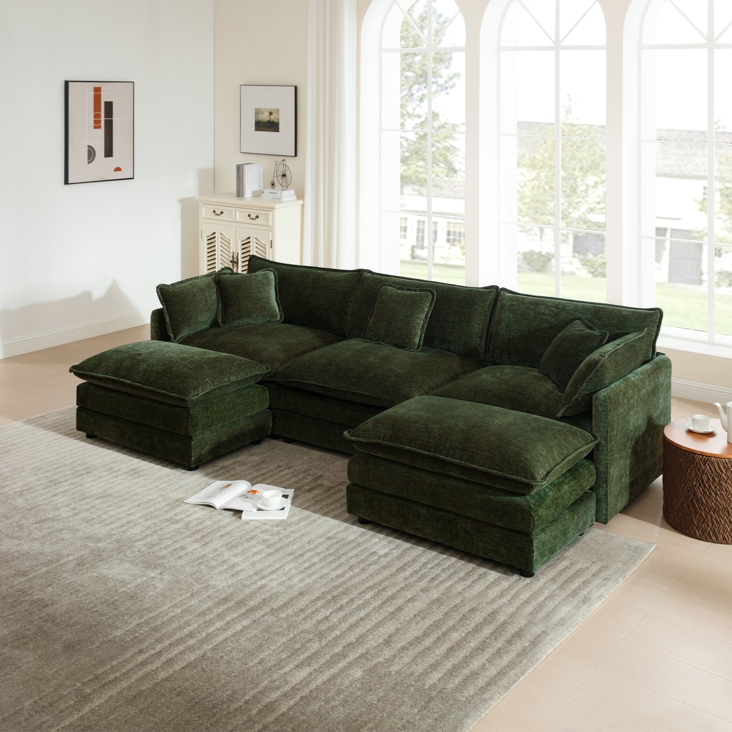 U-Shaped Sectional Sofa w/Reversible Footrest, 3-Seater Convertible Corner Couch with 2 Ottomans,Modern Minimalist Soft Sofa & Couch for Living Room, Green Chenille image 1
