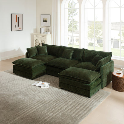 U-Shaped Sectional Sofa w/Reversible Footrest, 3-Seater Convertible Corner Couch with 2 Ottomans,Modern Minimalist Soft Sofa & Couch for Living Room, Green Chenille image 1