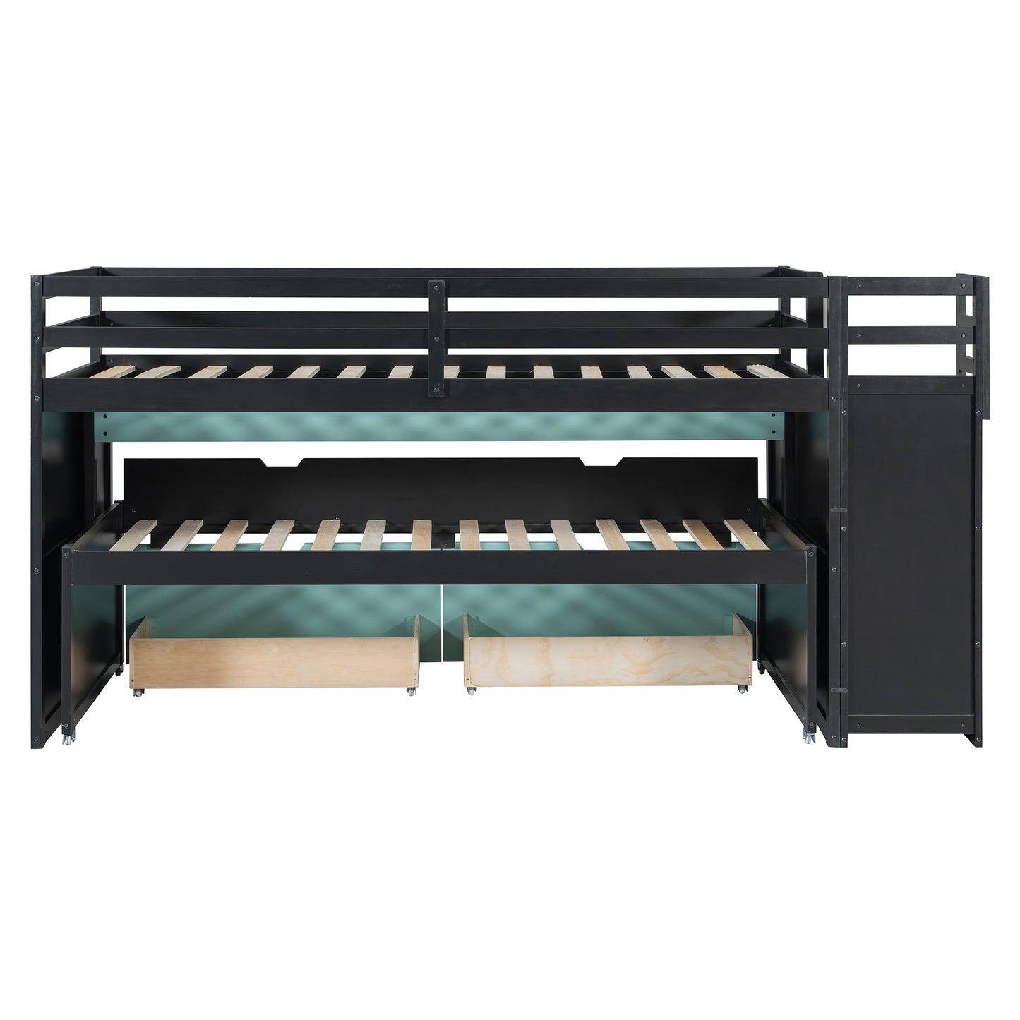 Twin XL Loft Bed with Pull-Out Desk and Twin Trundle, Multi-Functional Bunk Bed with 2 Storage Drawers and Storage Steps, Space-Saving Gaming & Workstation Bedframe, Black+Blue image 9