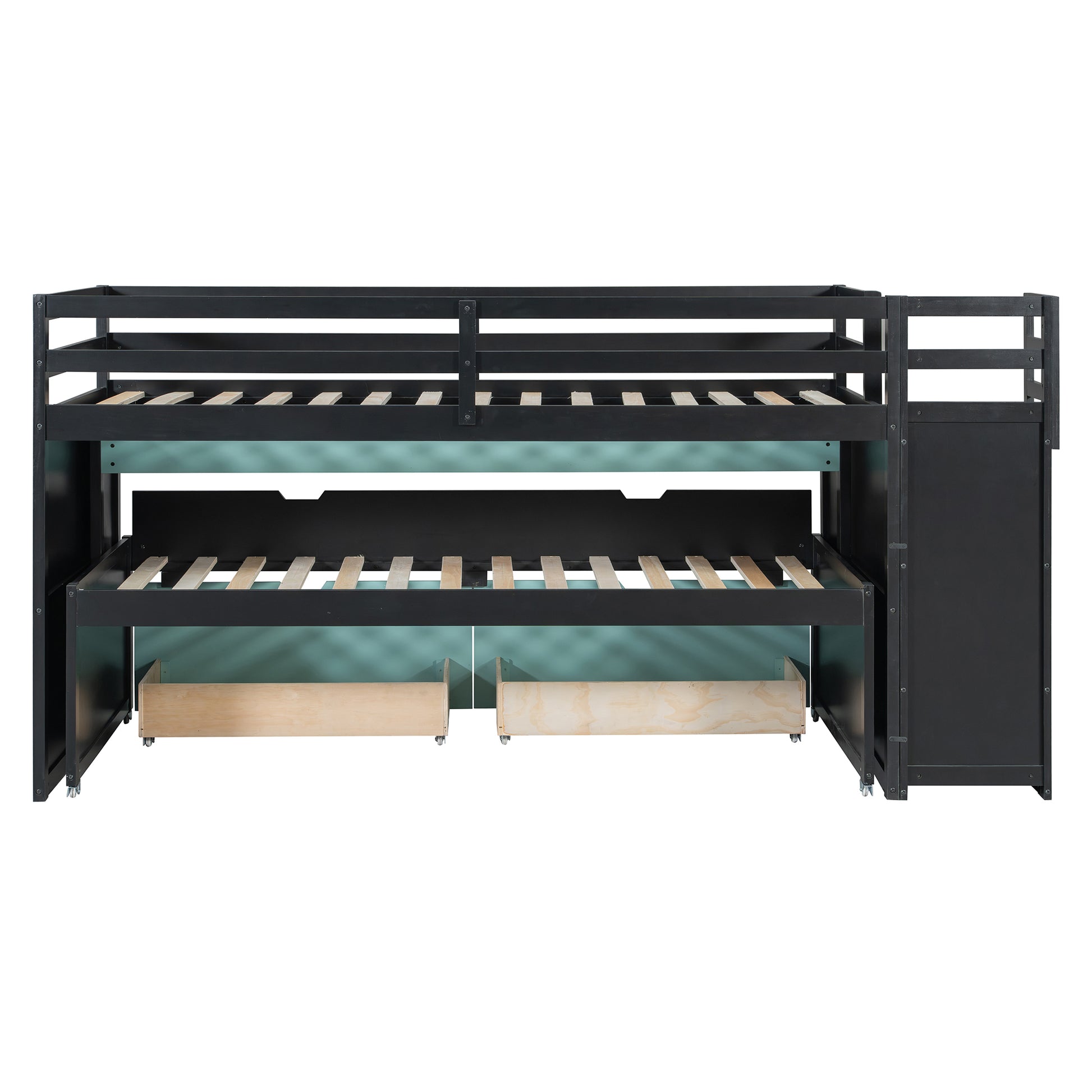Twin XL Loft Bed with Pull-Out Desk and Twin Trundle, Multi-Functional Bunk Bed with 2 Storage Drawers and Storage Steps, Space-Saving Gaming & Workstation Bedframe, Black+Blue image 9