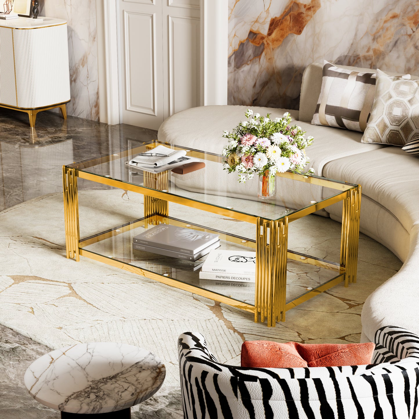 Modern Transparent Glass Coffee Table,Rectangle, Asymmetrical Metal, Gold Finish & Lower Shelf, 47.5" image 6