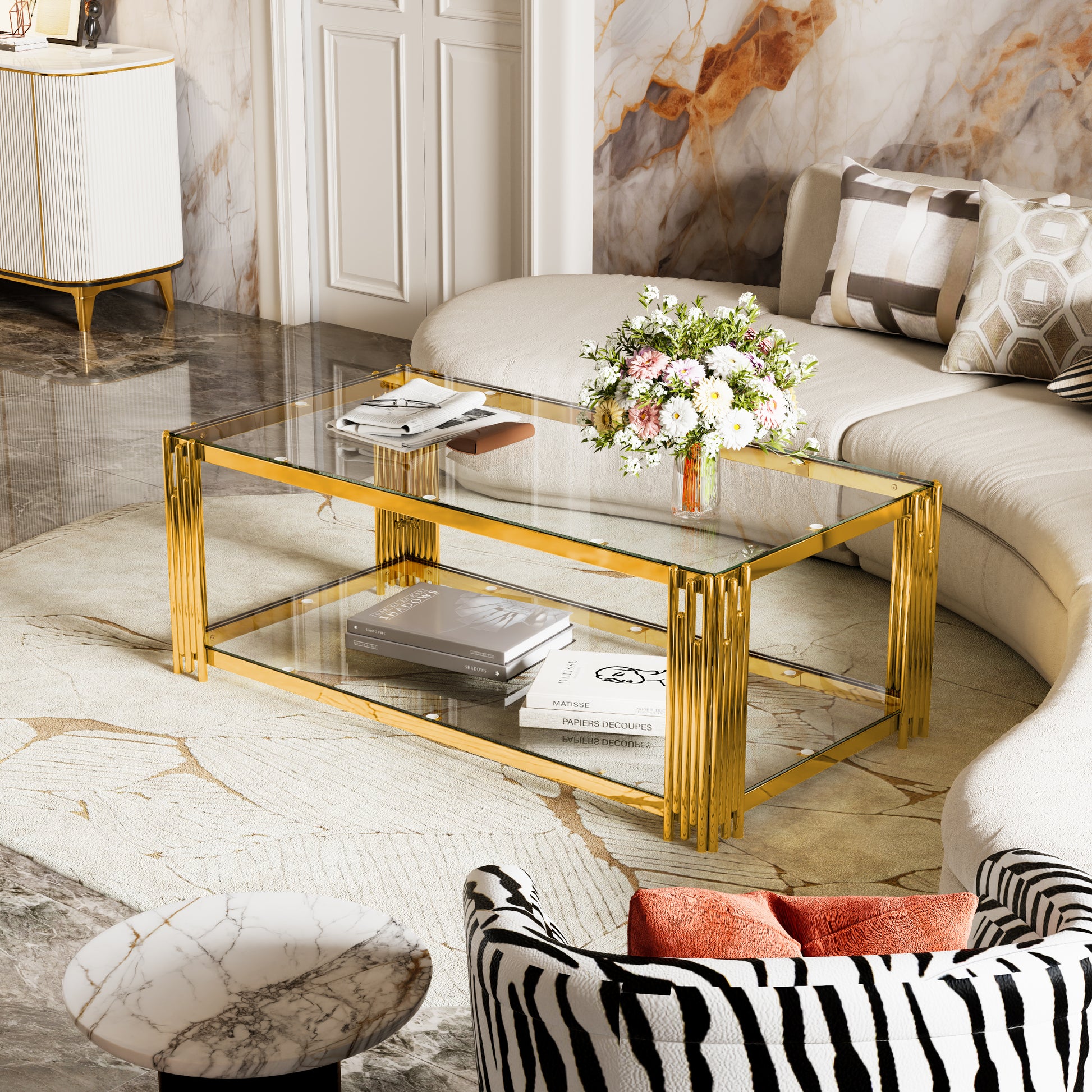 Modern Transparent Glass Coffee Table,Rectangle, Asymmetrical Metal, Gold Finish & Lower Shelf, 47.5" image 6