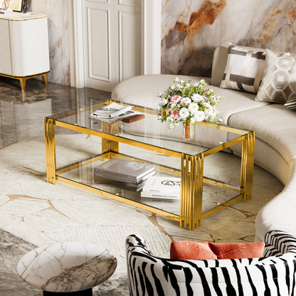 Modern Transparent Glass Coffee Table,Rectangle, Asymmetrical Metal, Gold Finish & Lower Shelf, 47.5" image 6
