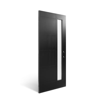 36"x80" Fiberglass Front Door with White 4-9/16" PVC Frame,Left-Hand Inswing Exterior Door with Brickmould,Contemporary minimalist brushed skin & Grooved line with frosted glass for Home Entrance, Bla image 6