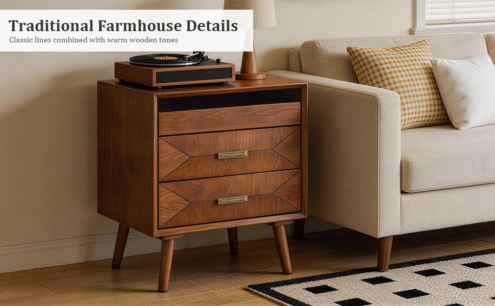 Wood nightstand with metal handles and wood grain finish