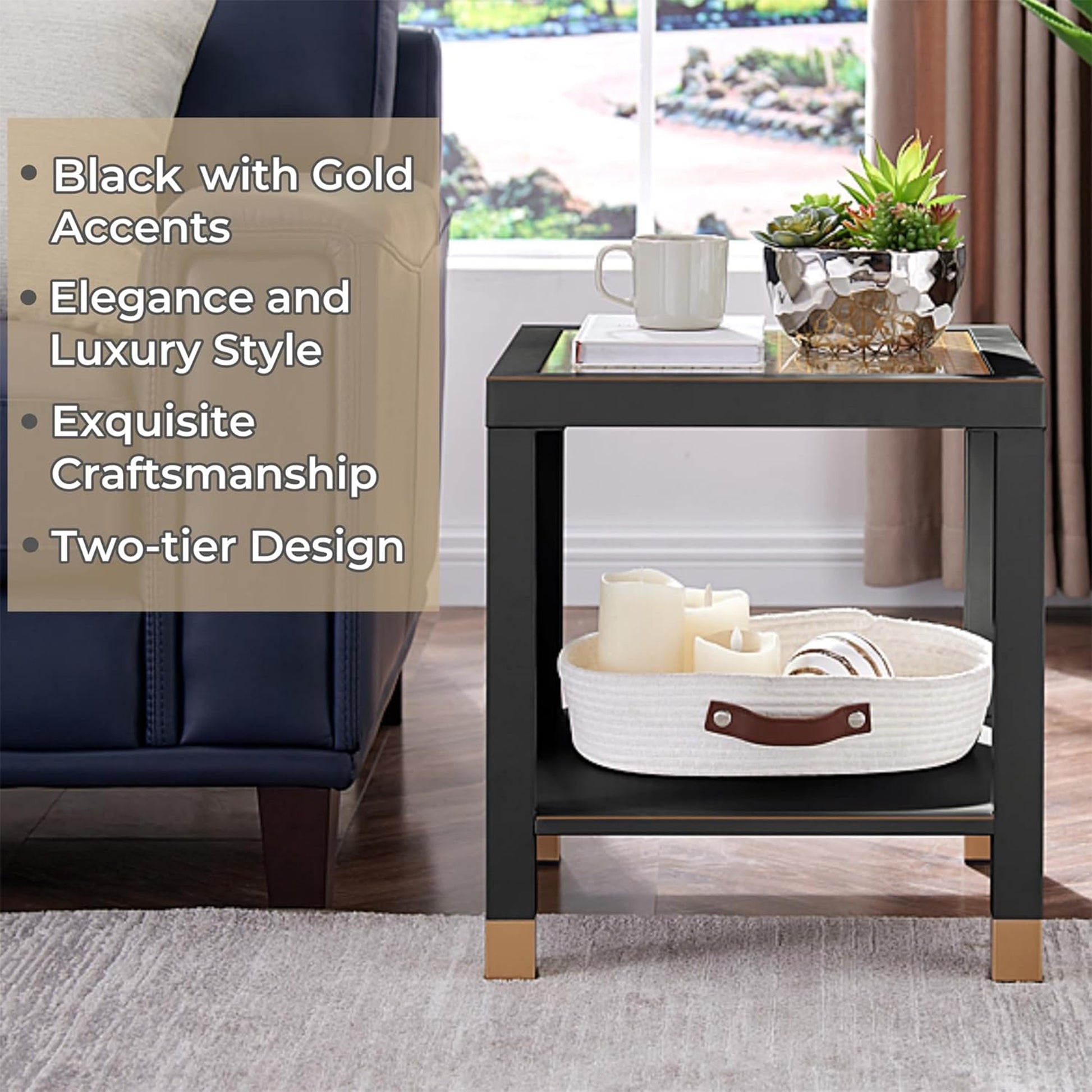 Square Side Table with Shelf, Boho Style Side Table for Living Room, Tempered Glass End Table with Metal Frame, Nightstand for Bedroom, 2-Tier, Black image 3