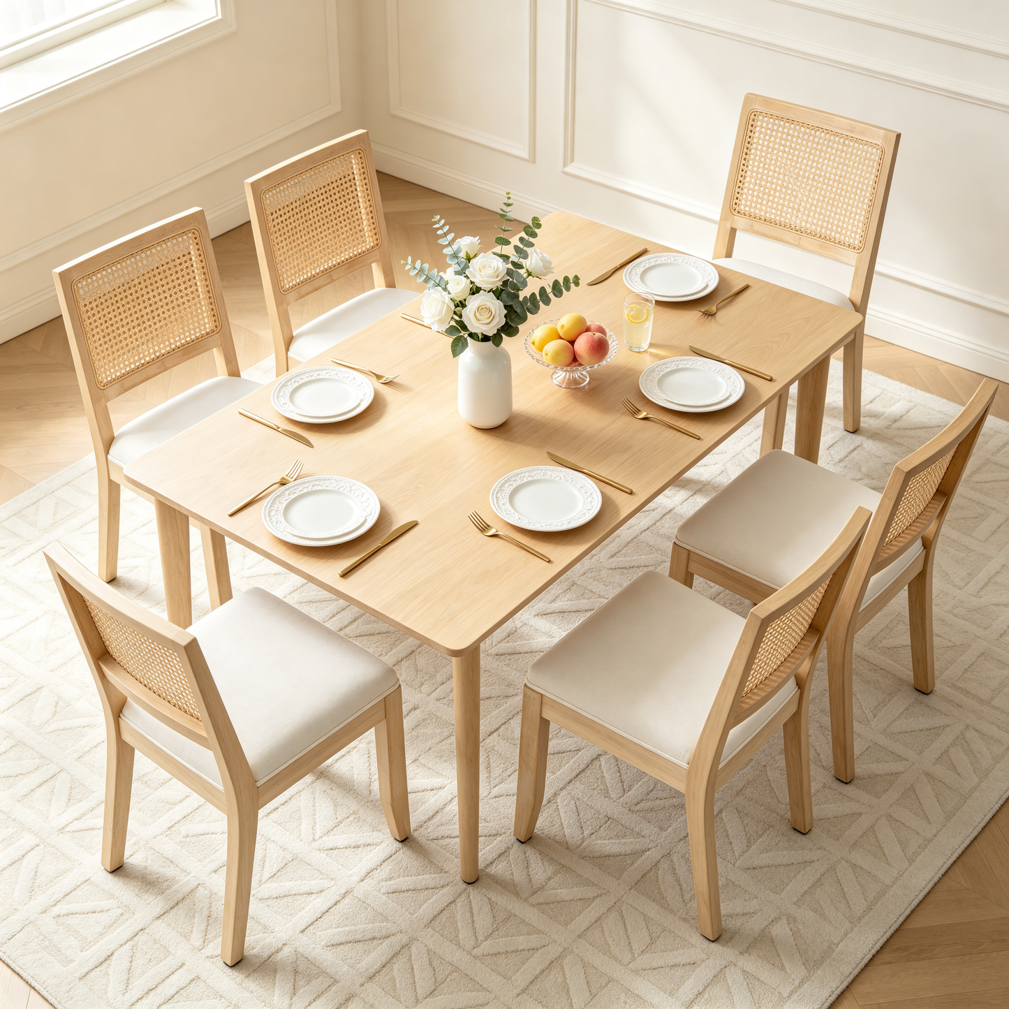 Farmhouse Rattan Dining Chairs Set of 2, Mid Century Modern Kitchen & Dining Room Chairs, Cane Low Back, with Natural Solid Wood Frame, Beige image 1