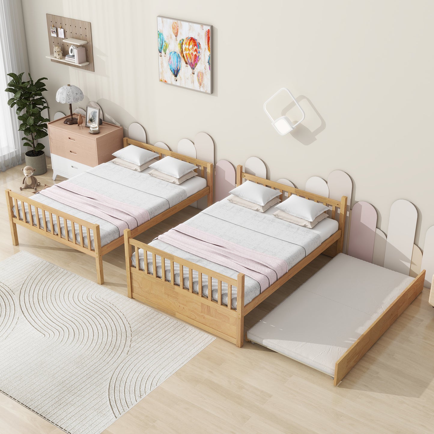 Full Over Full Rubber Wood Bunk Bed with Trundle, Ladder and Guardrails, Convertible to 2 Full Size Beds, with Twin Size Trundle,Natural (Old Sku W504S00180) image 12