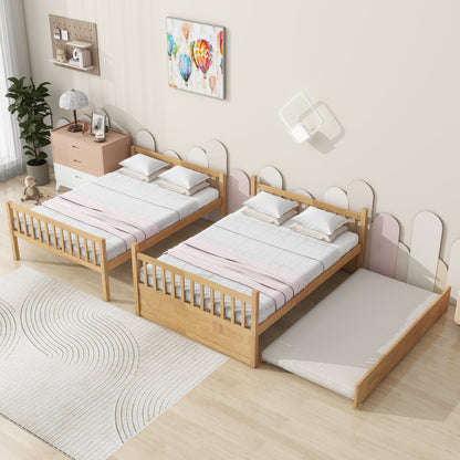 Full Over Full Rubber Wood Bunk Bed with Trundle, Ladder and Guardrails, Convertible to 2 Full Size Beds, with Twin Size Trundle,Natural (Old Sku W504S00180) image 12