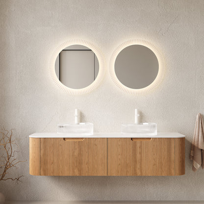 DINA 60" Bathroom Vanity&Sinks, Floating Curved Edges Striped Storage Cabinet with 2 Drawers, 2 Transparent Round Glass Basins&Carrara White Sintered Stone Top, Pre-assembled, Natural Woodgrain Color image 1