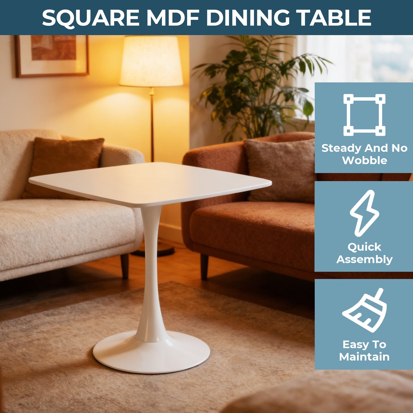 White Square Tulip Table for 2-3 Person, 24" Small Dining Table with Metal Pedestal Base, Modern Kitchen Table for Small Space, Apartment, Bistro, Cafe, Office & Living Room, Matte White MDF Top image 2