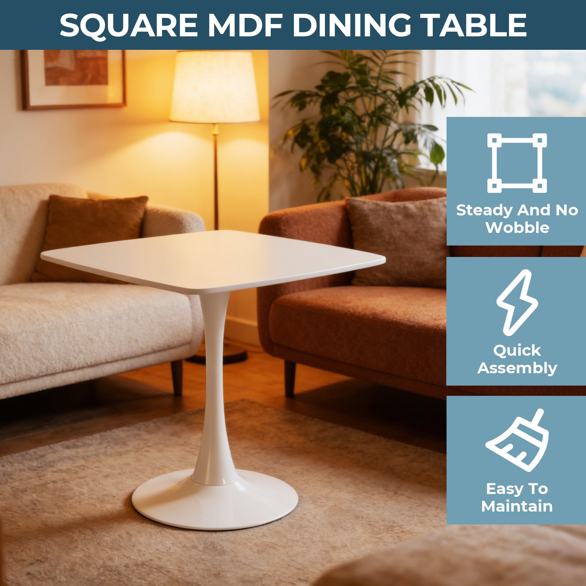 White Square Tulip Table for 2-3 Person, 24" Small Dining Table with Metal Pedestal Base, Modern Kitchen Table for Small Space, Apartment, Bistro, Cafe, Office & Living Room, Matte White MDF Top image 2