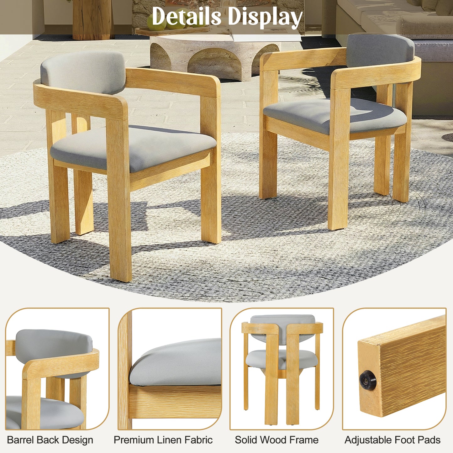 5-Piece Outdoor Acacia Wood Round Dining Set, Solid Wood Patio Table with 4 Barrel Chairs, Cushioned Seats & Backs, Modern Garden Conversation Set, Gray Cushion image 6