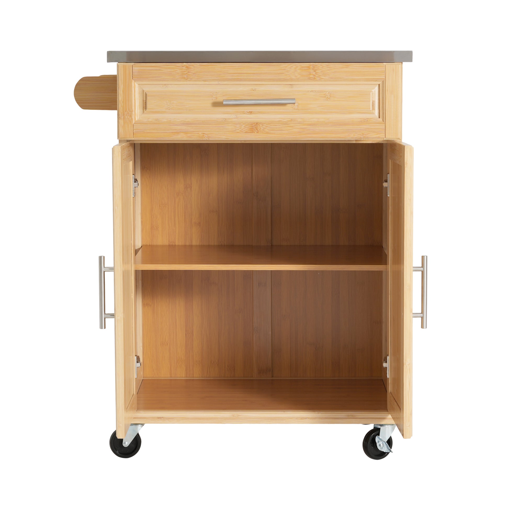 Indoor Compact Bamboo Rolling Kitchen Cart with Stainless Steel Top – Mobile Storage Island with Drawer & Cabinet for Small Spaces image 6
