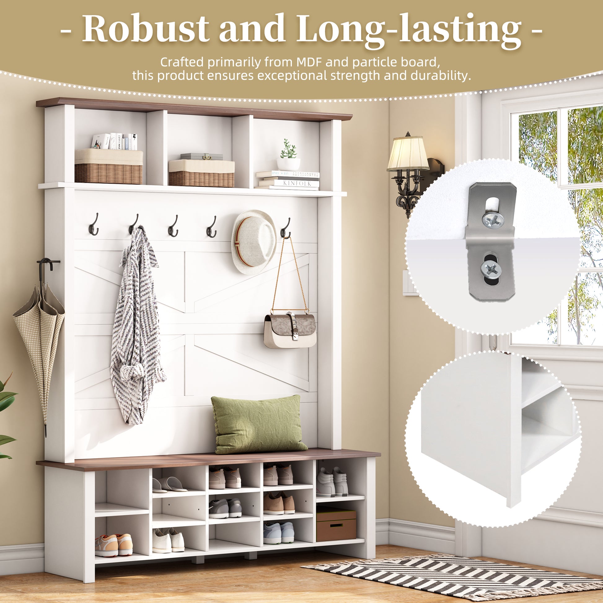 Farmhouse 4-in-1 Hall Tree with 6 Hooks, Walnut Entryway Bench with Shelves, Wooden Style Rustic Shoe Organizer with 16 Open Compartments for Mudroom, Living Room, White (OLD SKU: N721P264915K) image 4
